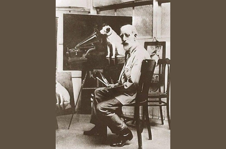 Francis Barraud en zijn schilderij « His Master's Voice » (©Wikipedia)